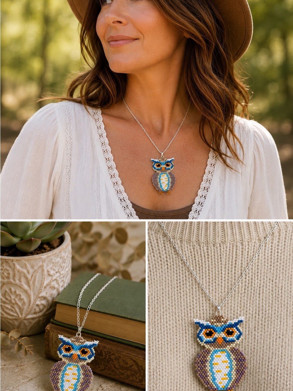 Hand Crafted Beaded Owl Pendant Necklace - Blue & Gold